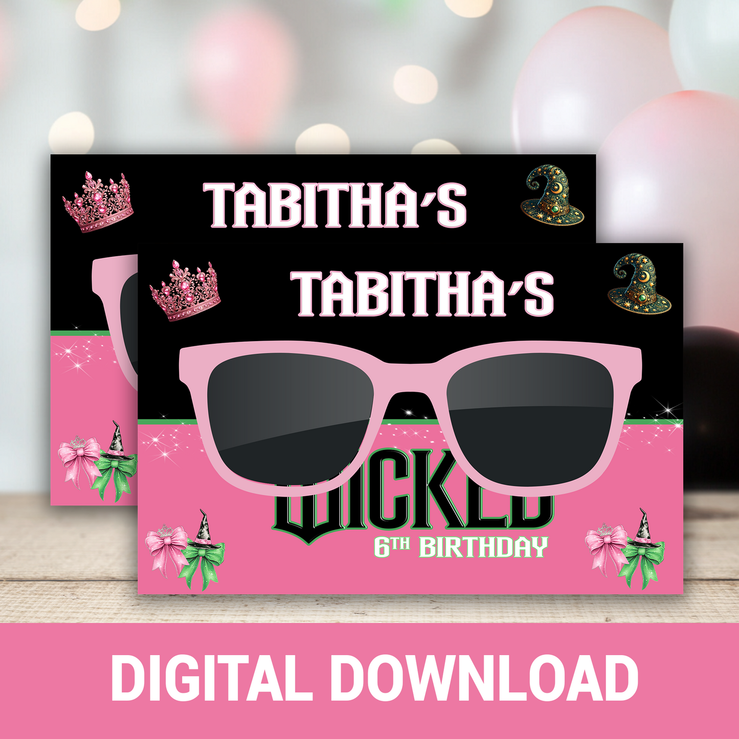 Wickedly Sweet! Pink & Green Party Sunglasses Card | Wicked Witch Party Favor | Digital Birthday Party Favor | Fun Birthday Shades