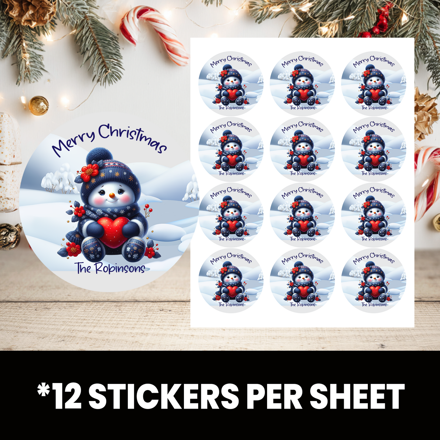 Snowman Christmas Stickers | Personalized 2.5-Inch Circle Stickers | Customized Christmas Stickers | Party Favor Labels
