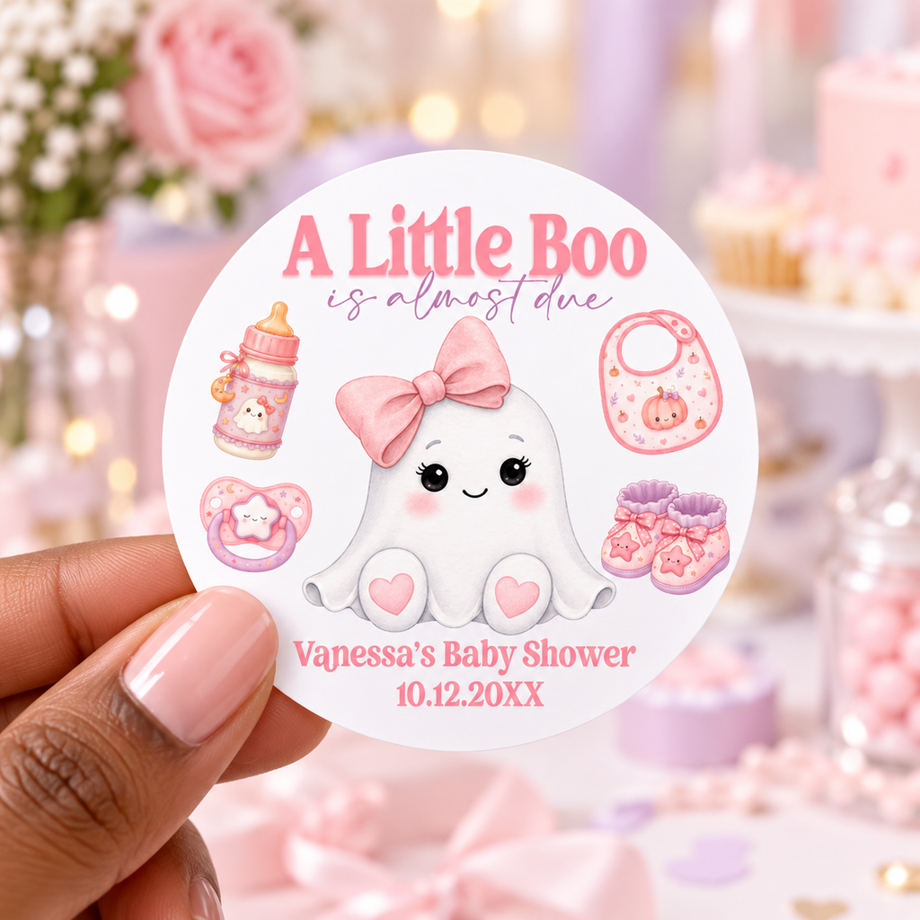A Little Boo Is Almost Due Baby Shower Stickers | Personalized Halloween Favor Labels