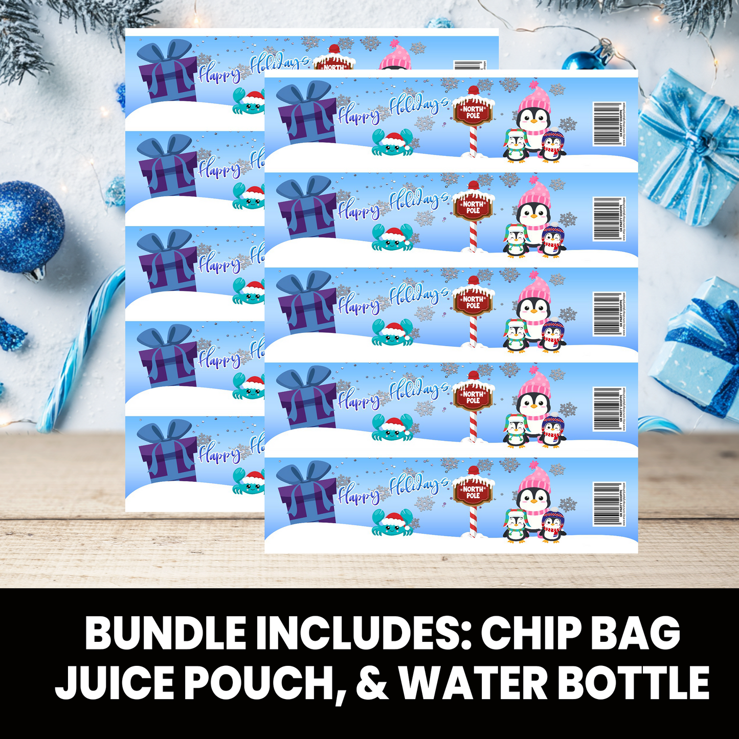 Christmas Bundle | Christmas Chip Bag, Juice Pouch, and Water Bottle Wrapper | INSTANT DOWNLOAD