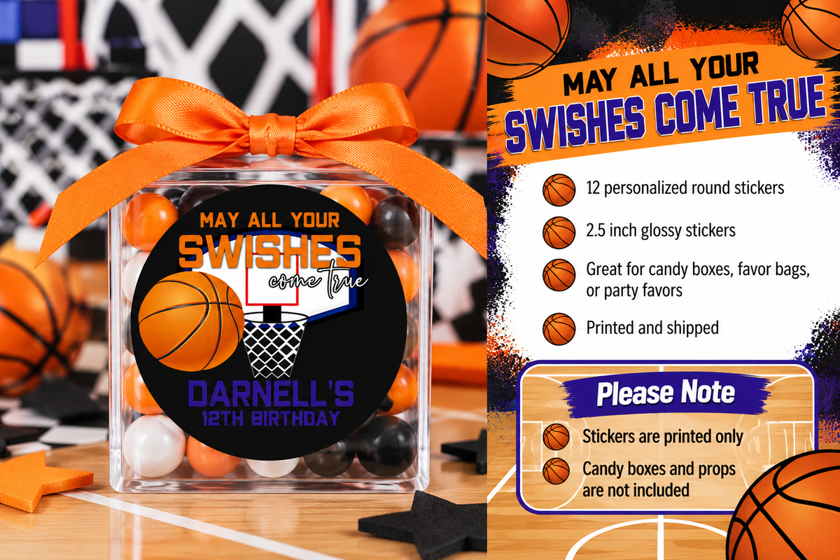 Basketball Theme Stickers | Personalized May All Your Swishes Come True Birthday Labels