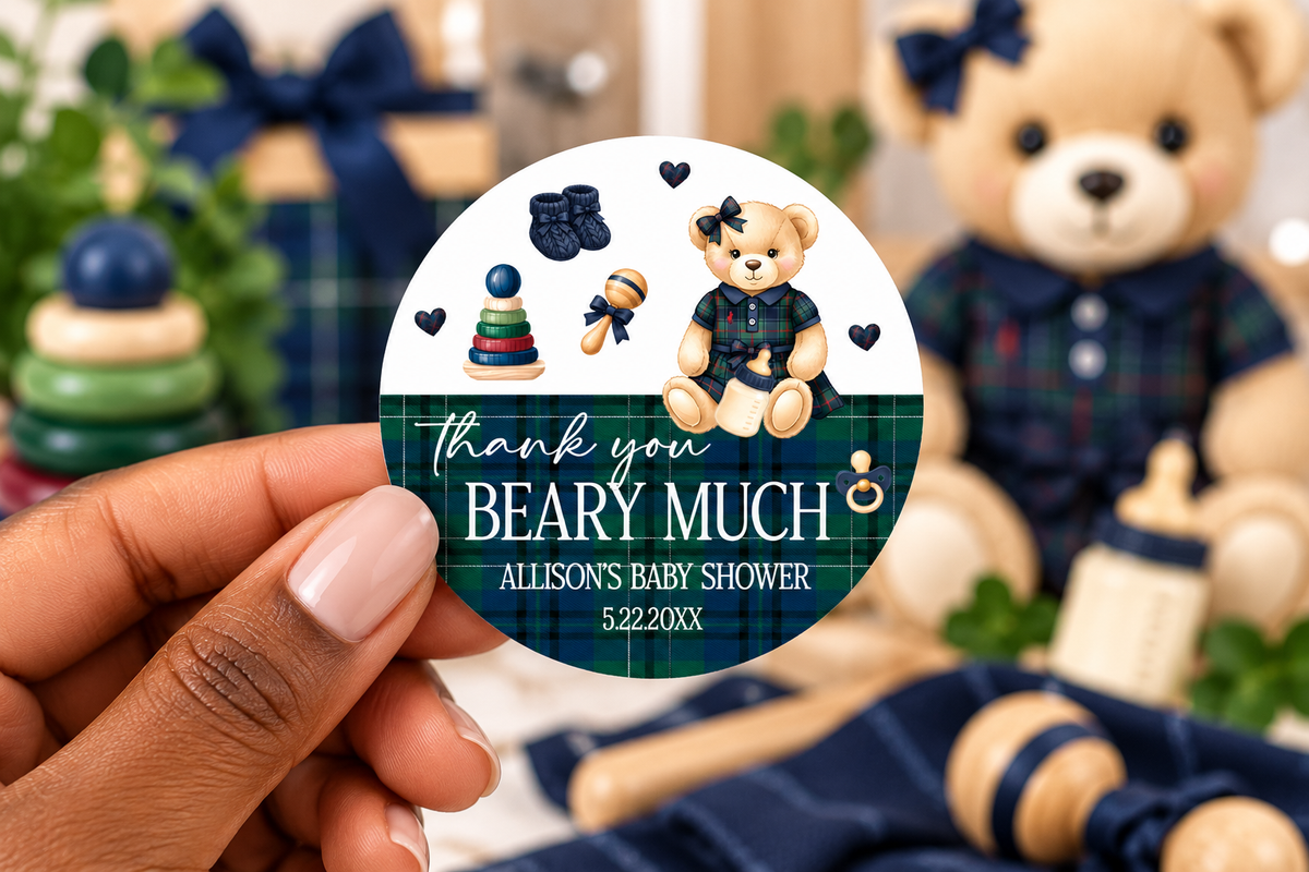 Elegant Teddy Bear Baby Shower Stickers | Personalized Party Favor Seals