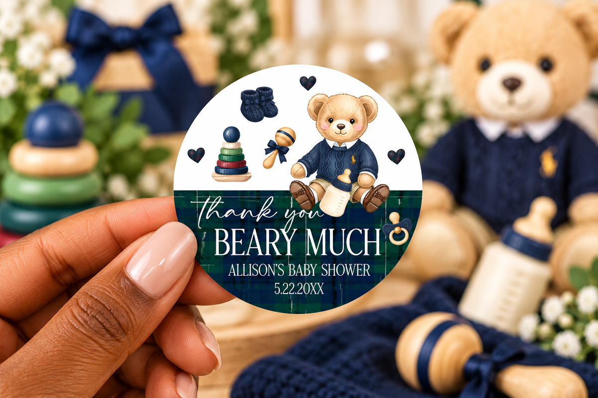 Elegant Teddy Bear Baby Shower Stickers | Personalized Party Favor Seals