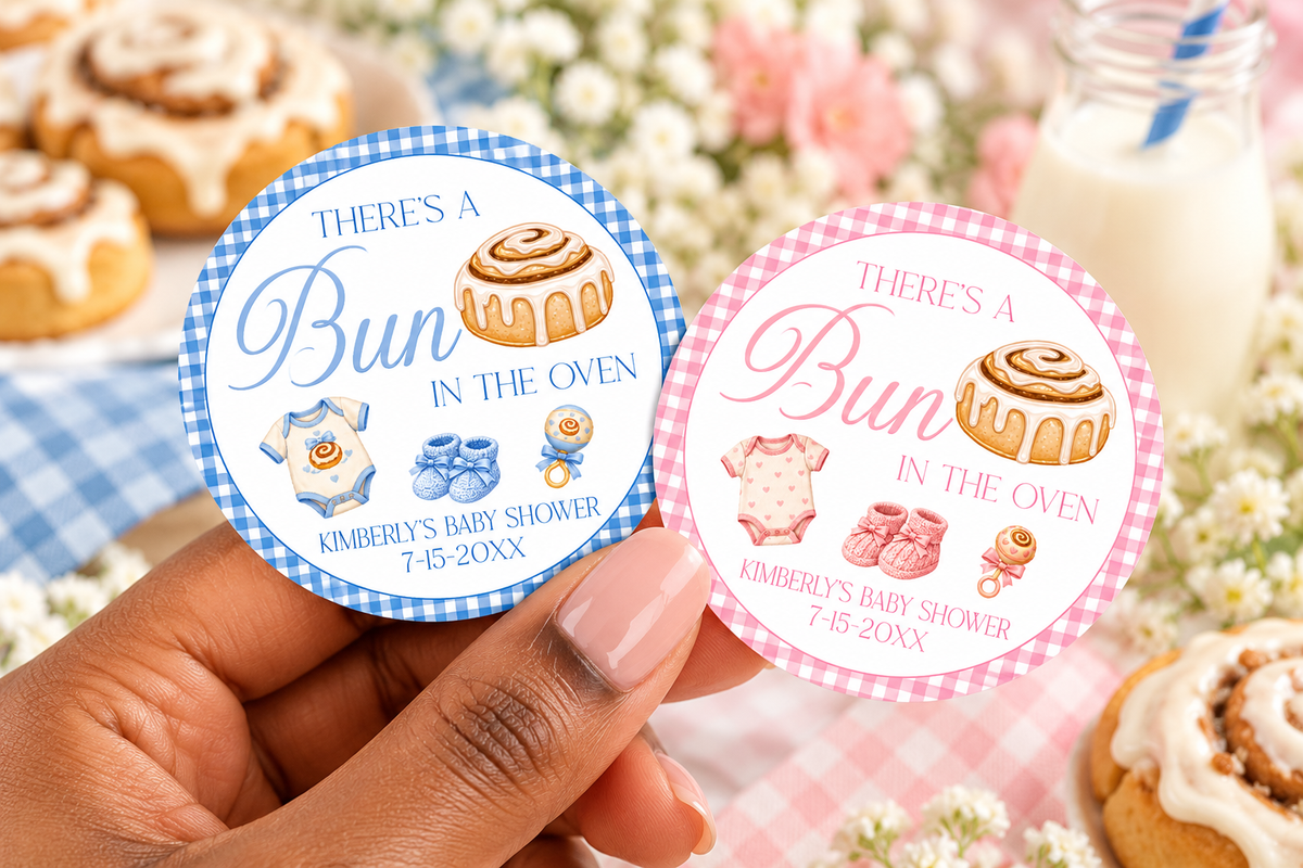 There's A Bun Is In The Oven Stickers | Personalized Baby Shower Favor Labels