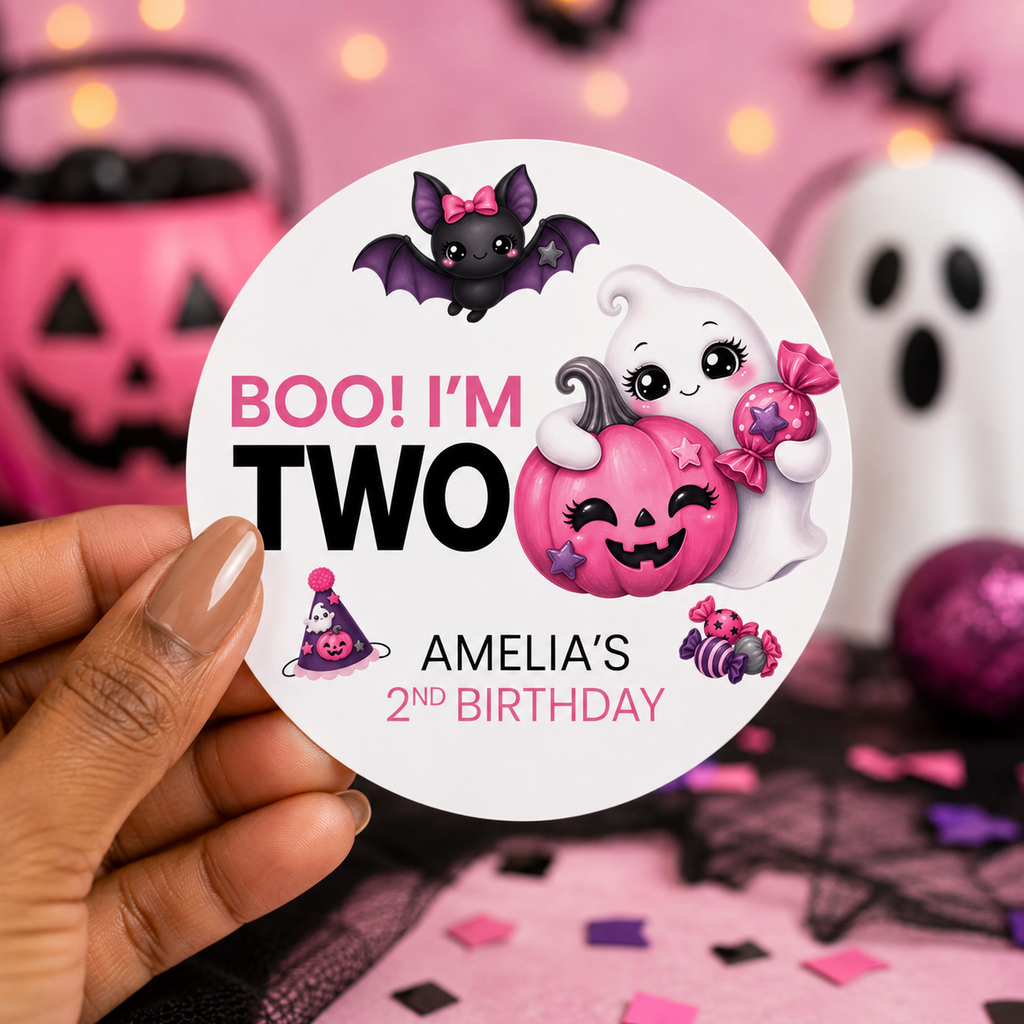 Boo I’m Two Birthday Stickers | Personalized Halloween Second Birthday Favor Labels