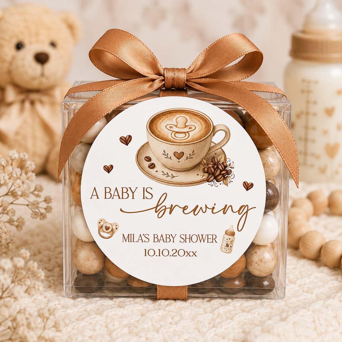 A Baby Is Brewing Stickers | Personalized Coffee Theme Baby Shower Labels