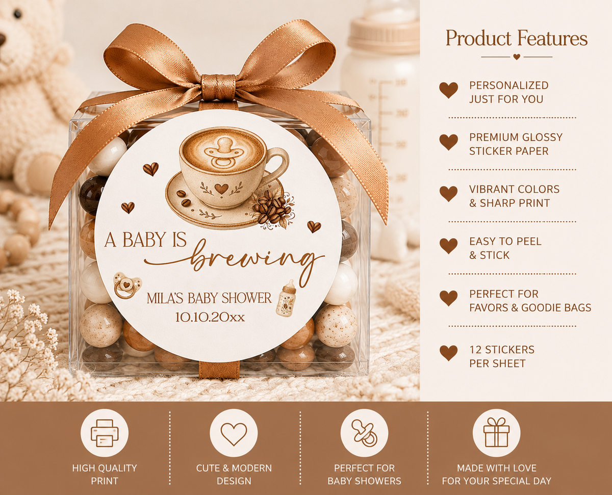 A Baby Is Brewing Stickers | Personalized Coffee Theme Baby Shower Labels