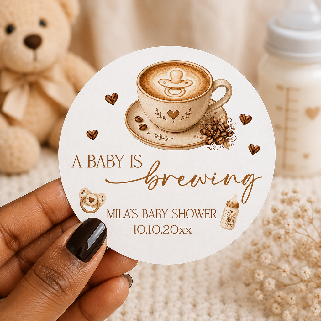 A Baby Is Brewing Stickers | Personalized Coffee Theme Baby Shower Labels