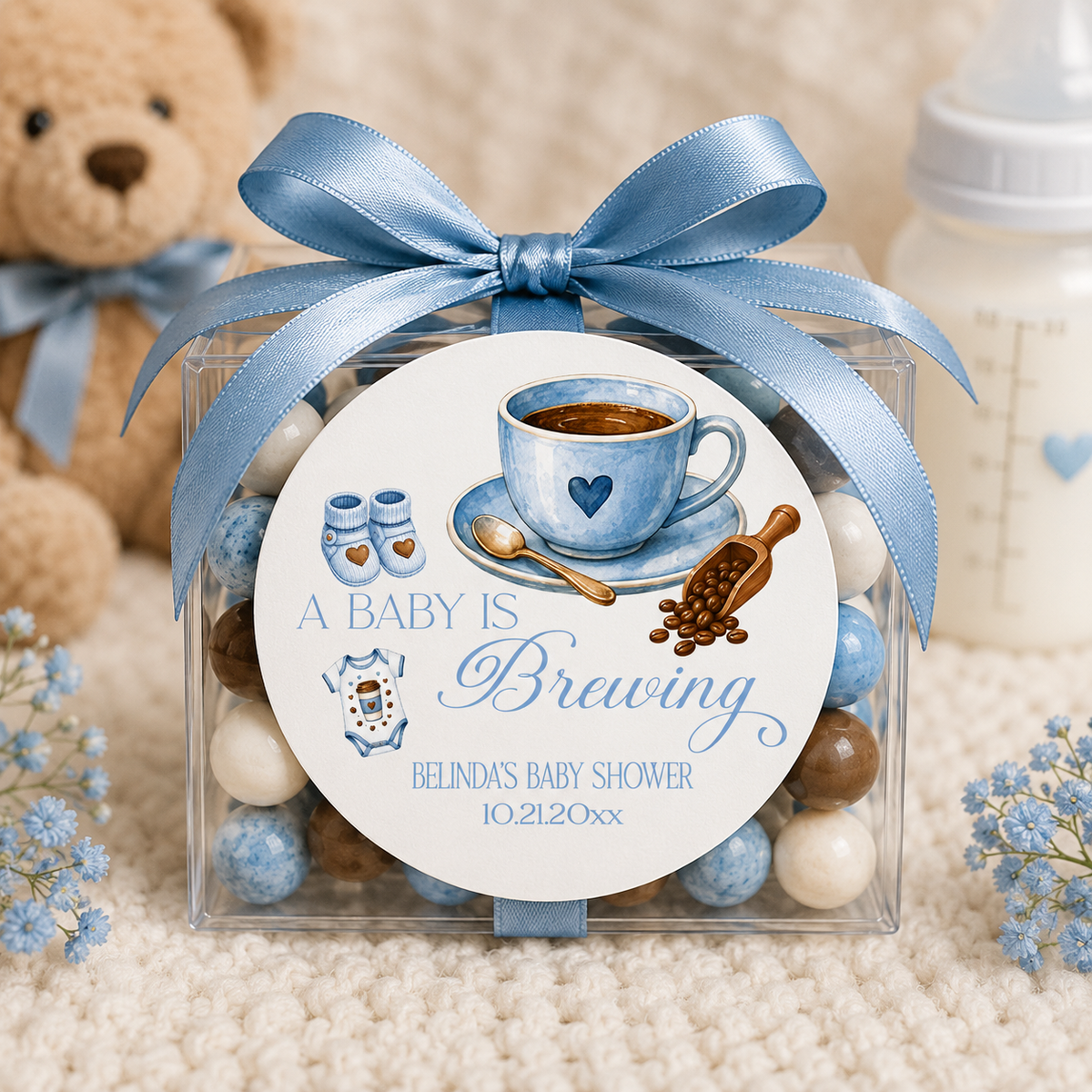 A Baby Is Brewing Stickers | Personalized Coffee Theme Baby Shower Labels