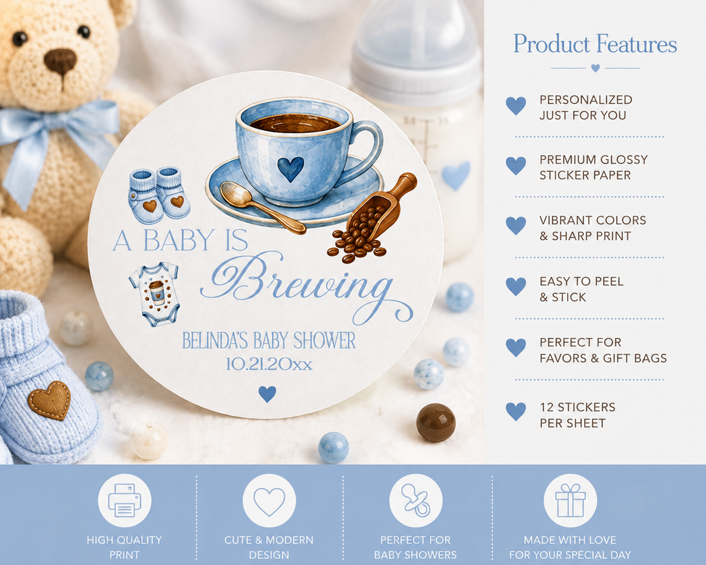 A Baby Is Brewing Stickers | Personalized Coffee Theme Baby Shower Labels