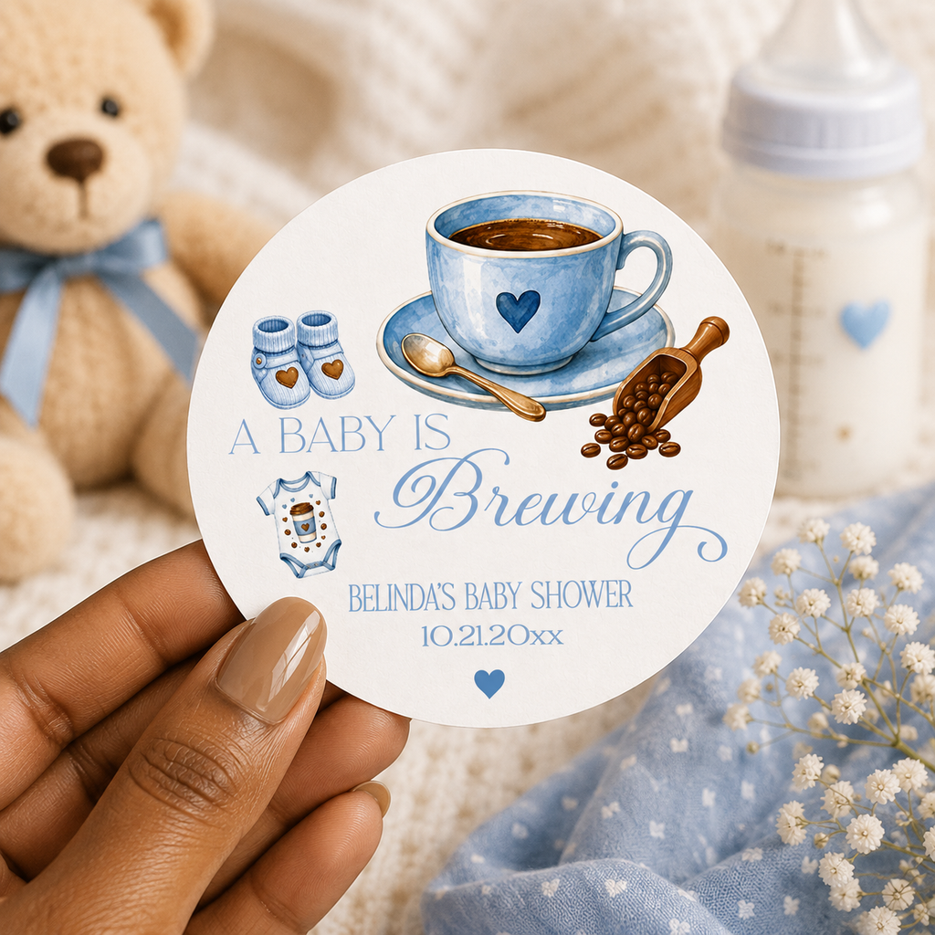 A Baby Is Brewing Stickers | Personalized Coffee Theme Baby Shower Labels