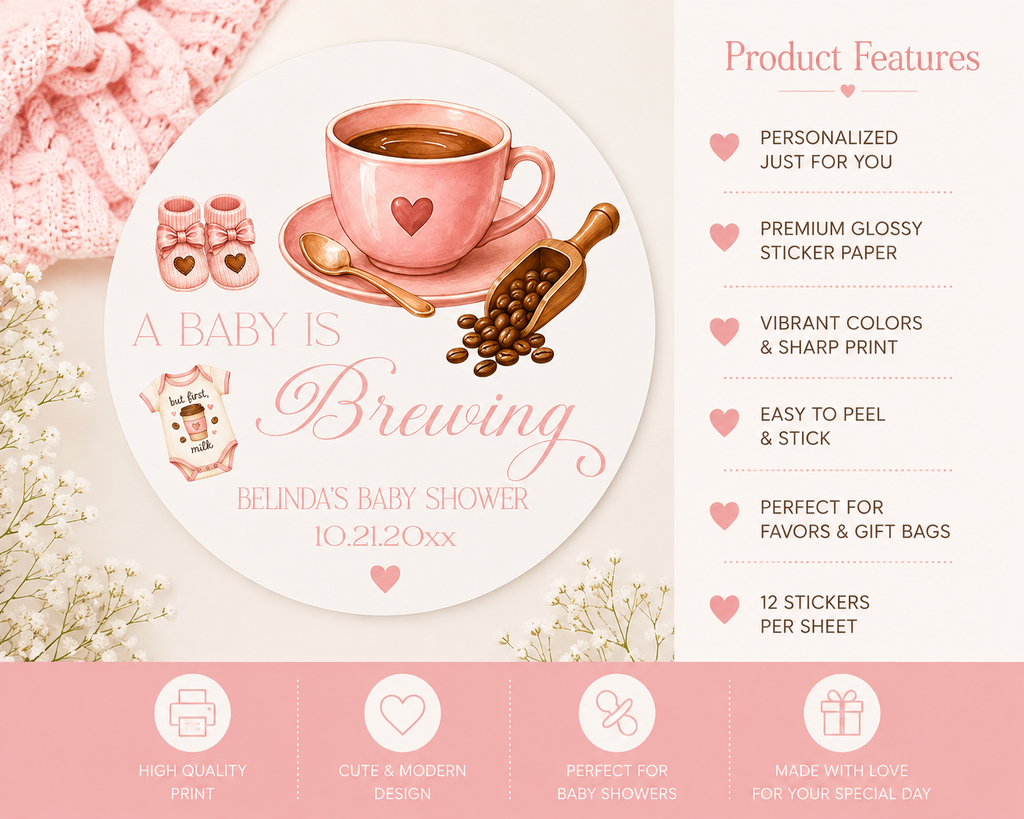 A Baby Is Brewing Stickers | Personalized Coffee Theme Baby Shower Labels