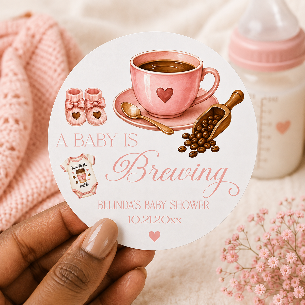 A Baby Is Brewing Stickers | Personalized Coffee Theme Baby Shower Labels