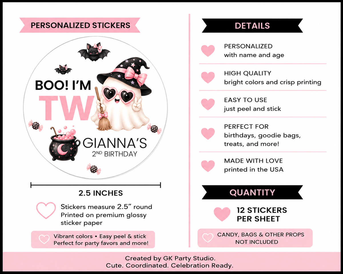Boo I’m Two Birthday Stickers | Personalized Halloween Second Birthday Favor Labels