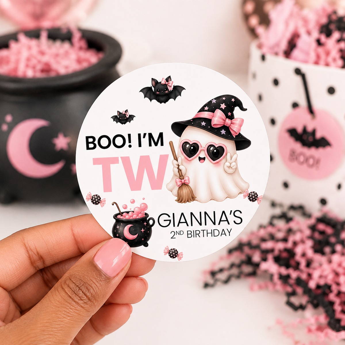 Boo I’m Two Birthday Stickers | Personalized Halloween Second Birthday Favor Labels
