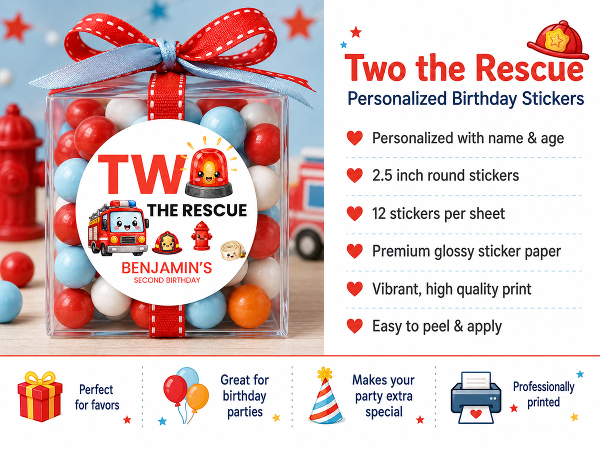 2 The Rescue Party Favor Stickers | Personalized Firefighter Birthday Labels