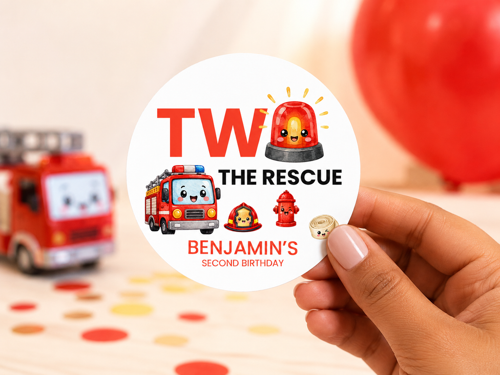 2 The Rescue Party Favor Stickers | Personalized Firefighter Birthday Labels