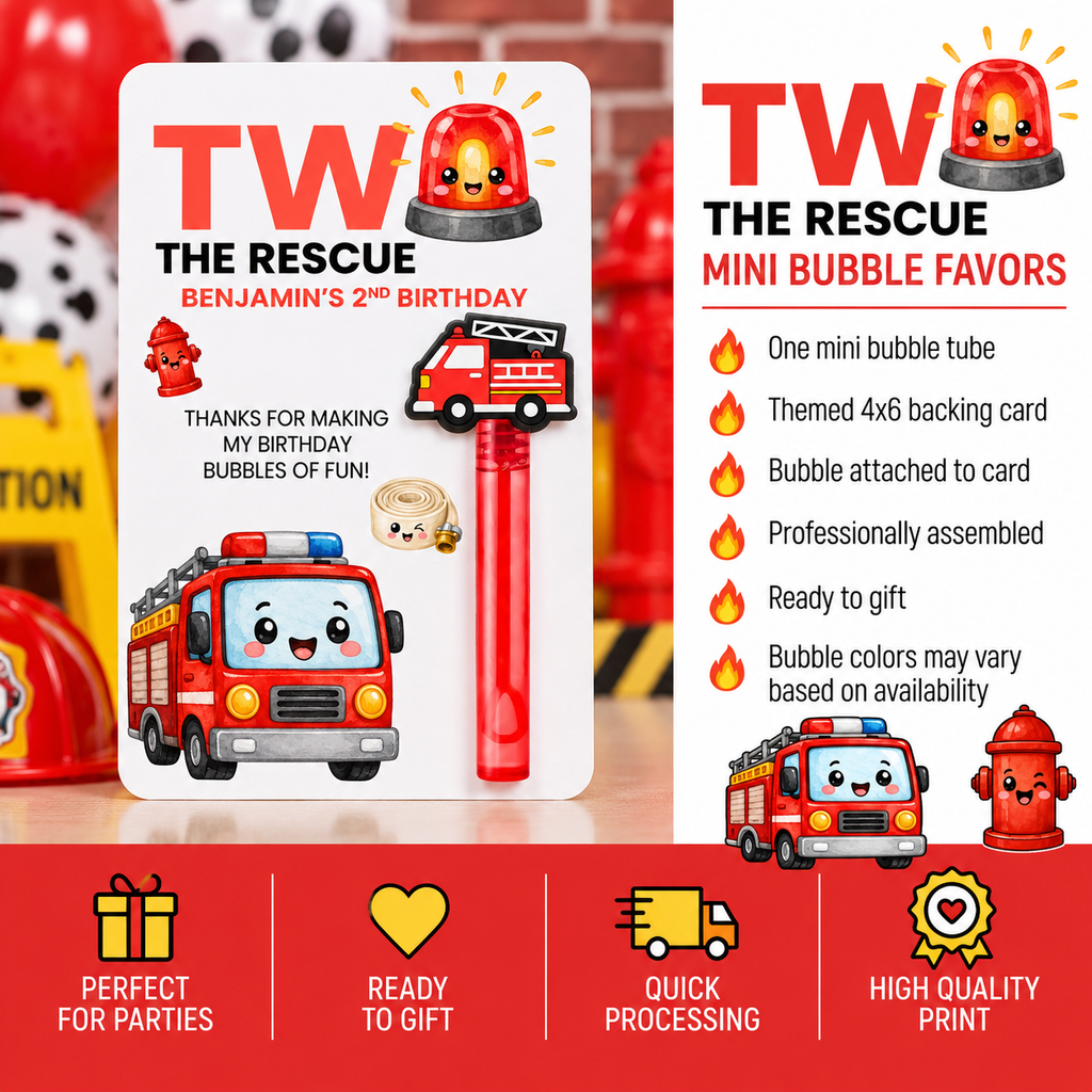2 The Rescue Mini Bubble Party Favors | Personalized Firefighter 2nd Birthday Favors