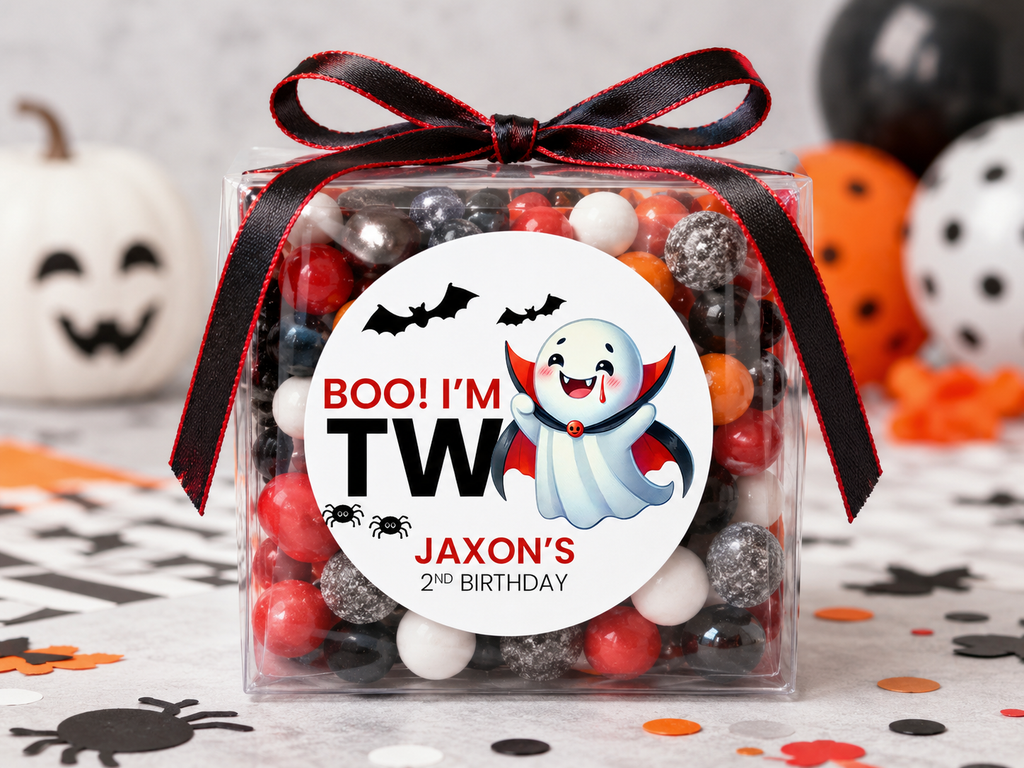 Boo I’m Two Birthday Stickers | Personalized Halloween Second Birthday Favor Labels