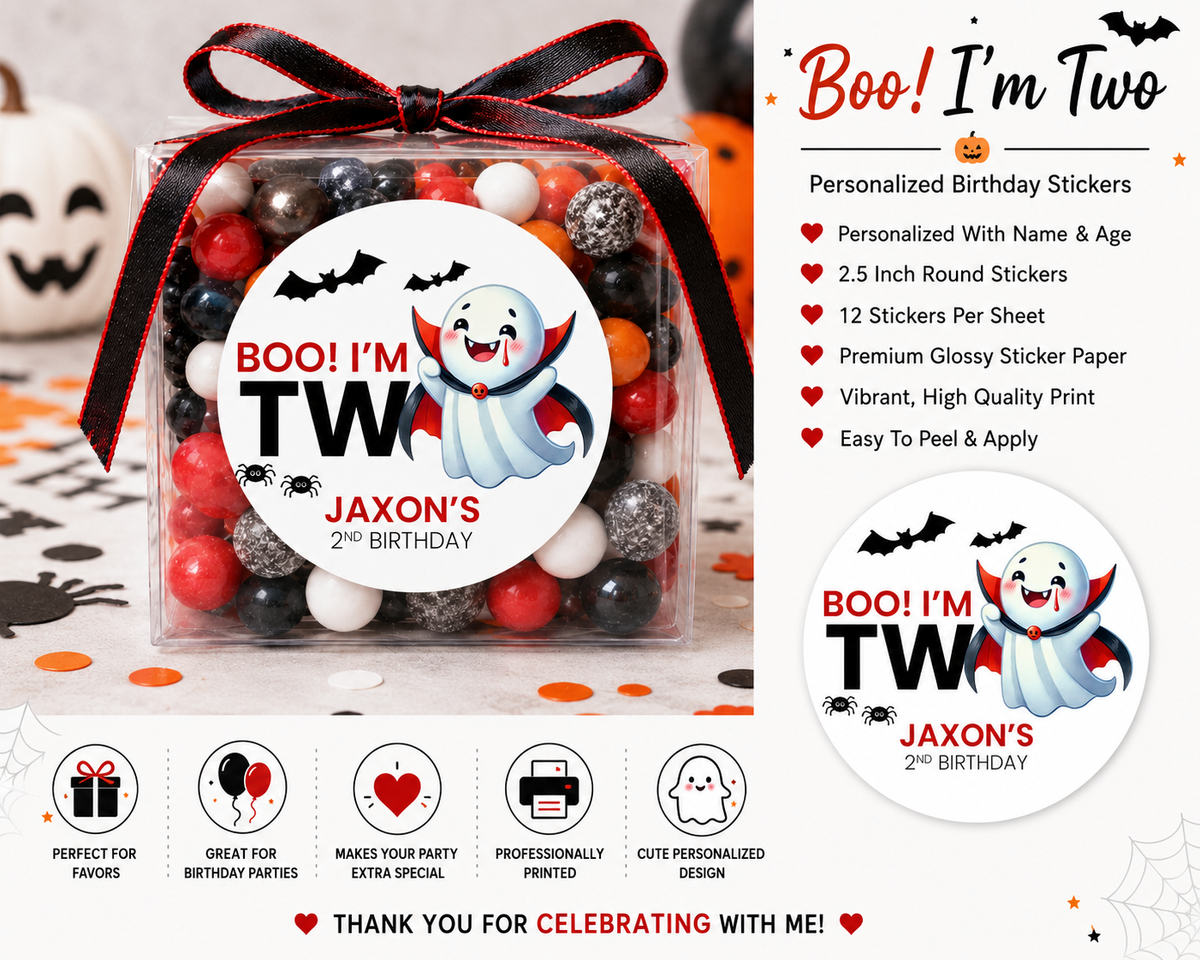 Boo I’m Two Birthday Stickers | Personalized Halloween Second Birthday Favor Labels