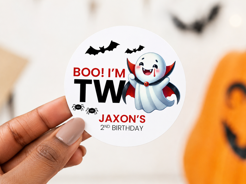Boo I’m Two Birthday Stickers | Personalized Halloween Second Birthday Favor Labels