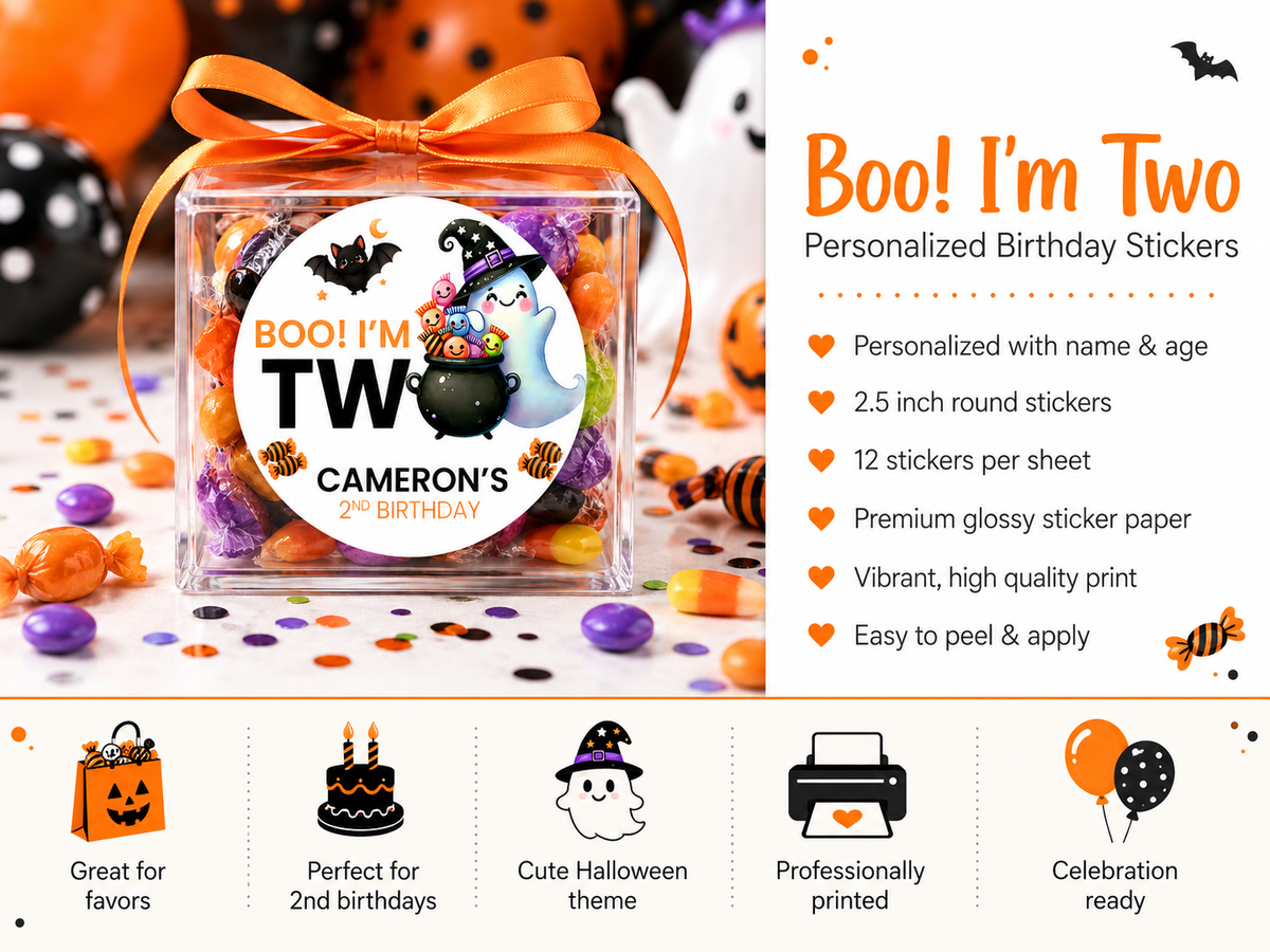 Boo I’m Two Birthday Stickers | Personalized Halloween Second Birthday Favor Labels