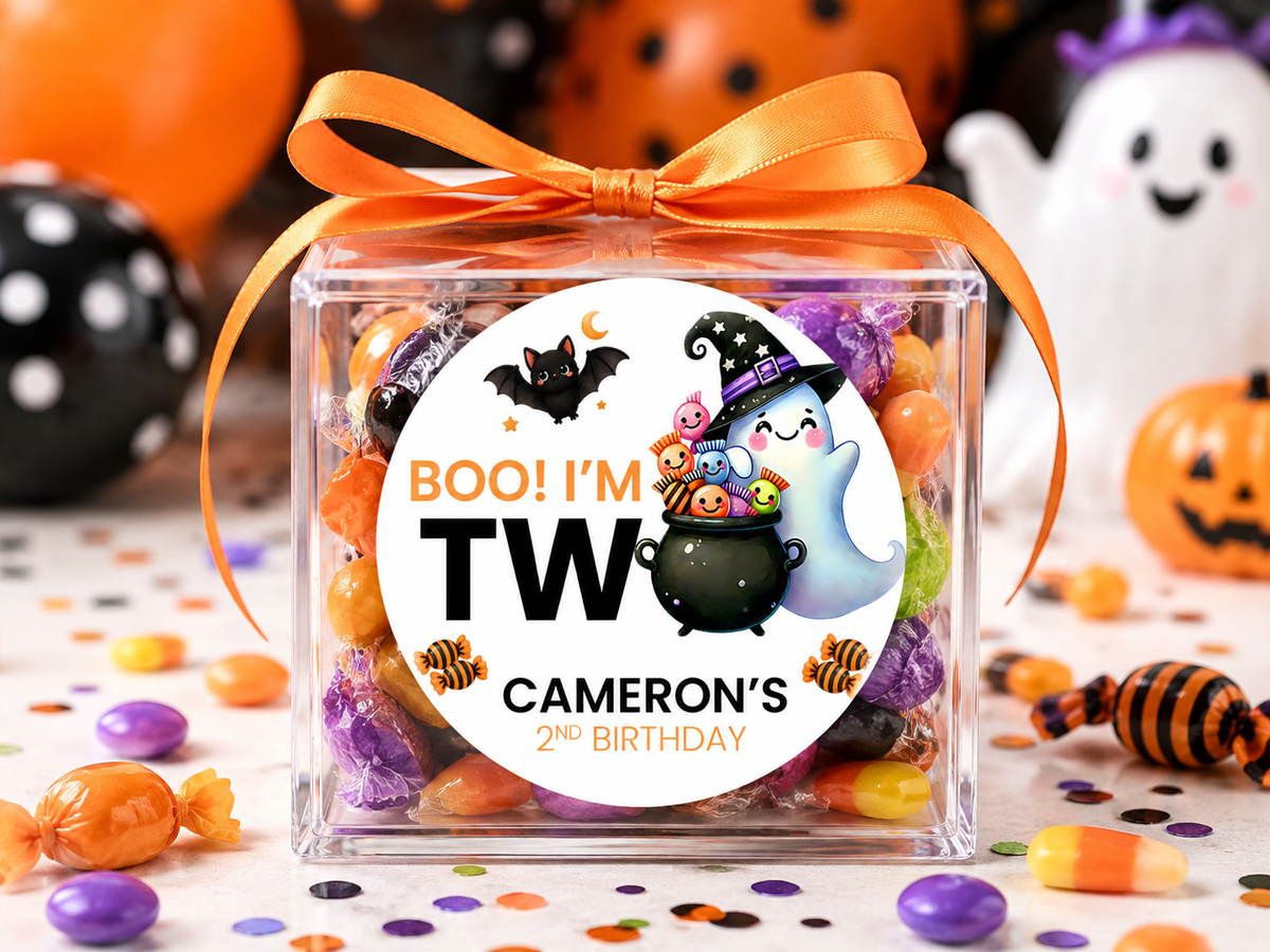 Boo I’m Two Birthday Stickers | Personalized Halloween Second Birthday Favor Labels