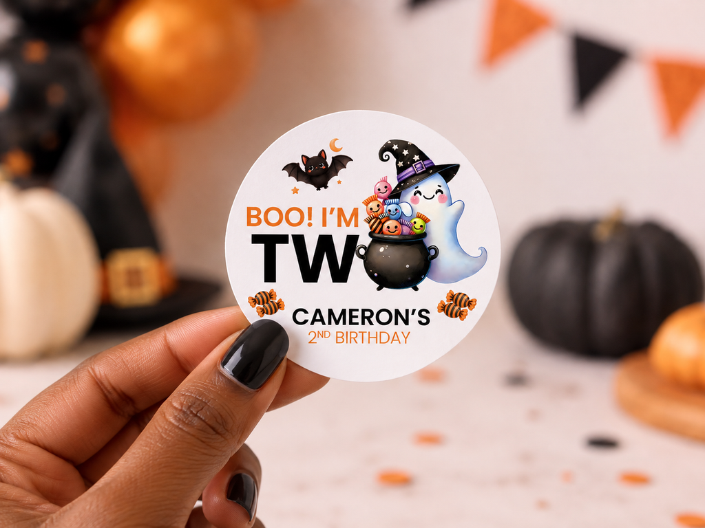 Boo I’m Two Birthday Stickers | Personalized Halloween Second Birthday Favor Labels