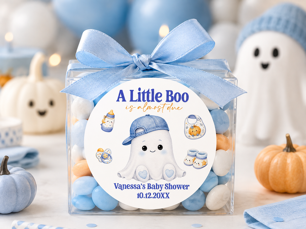 A Little Boo Is Almost Due Baby Shower Stickers | Personalized Halloween Favor Labels