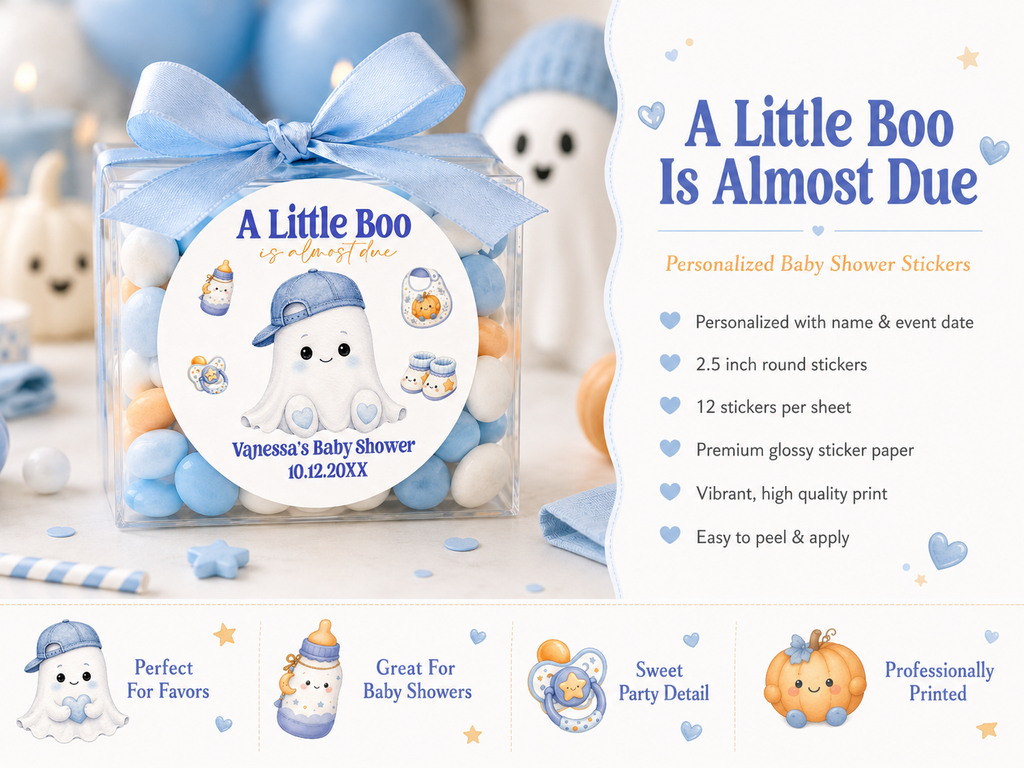 A Little Boo Is Almost Due Baby Shower Stickers | Personalized Halloween Favor Labels
