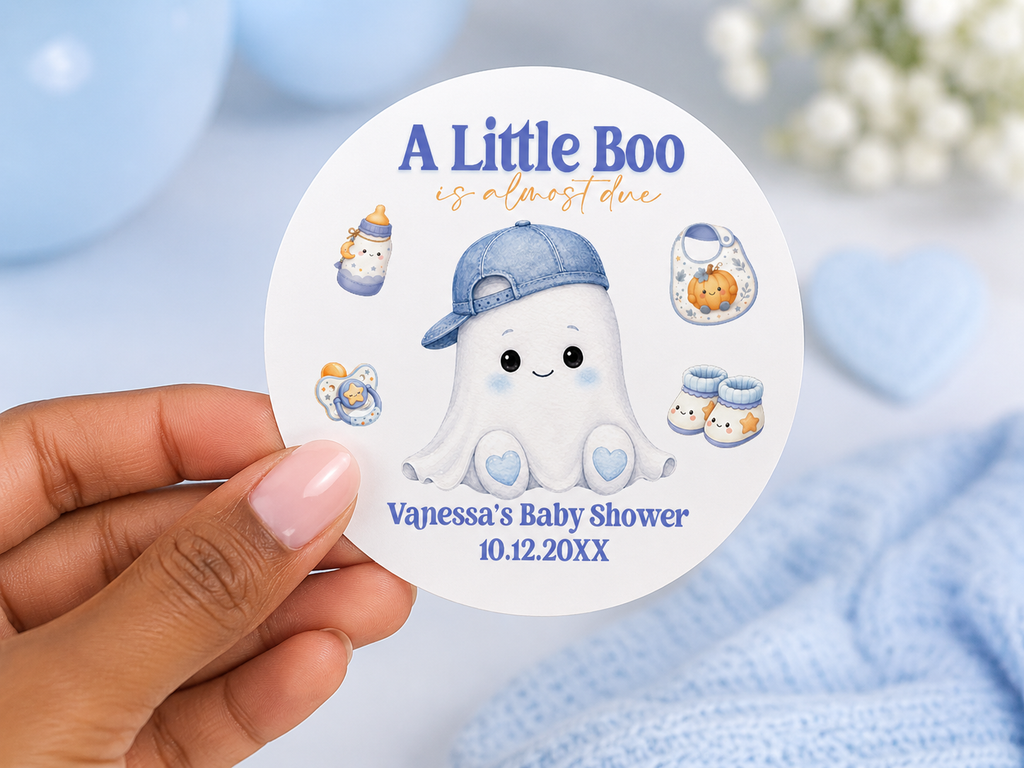 A Little Boo Is Almost Due Baby Shower Stickers | Personalized Halloween Favor Labels