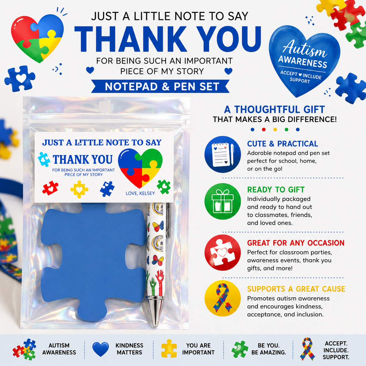 Autism Awareness Notepad and Pen Favors | Puzzle Butterfly Design | Inclusion Theme