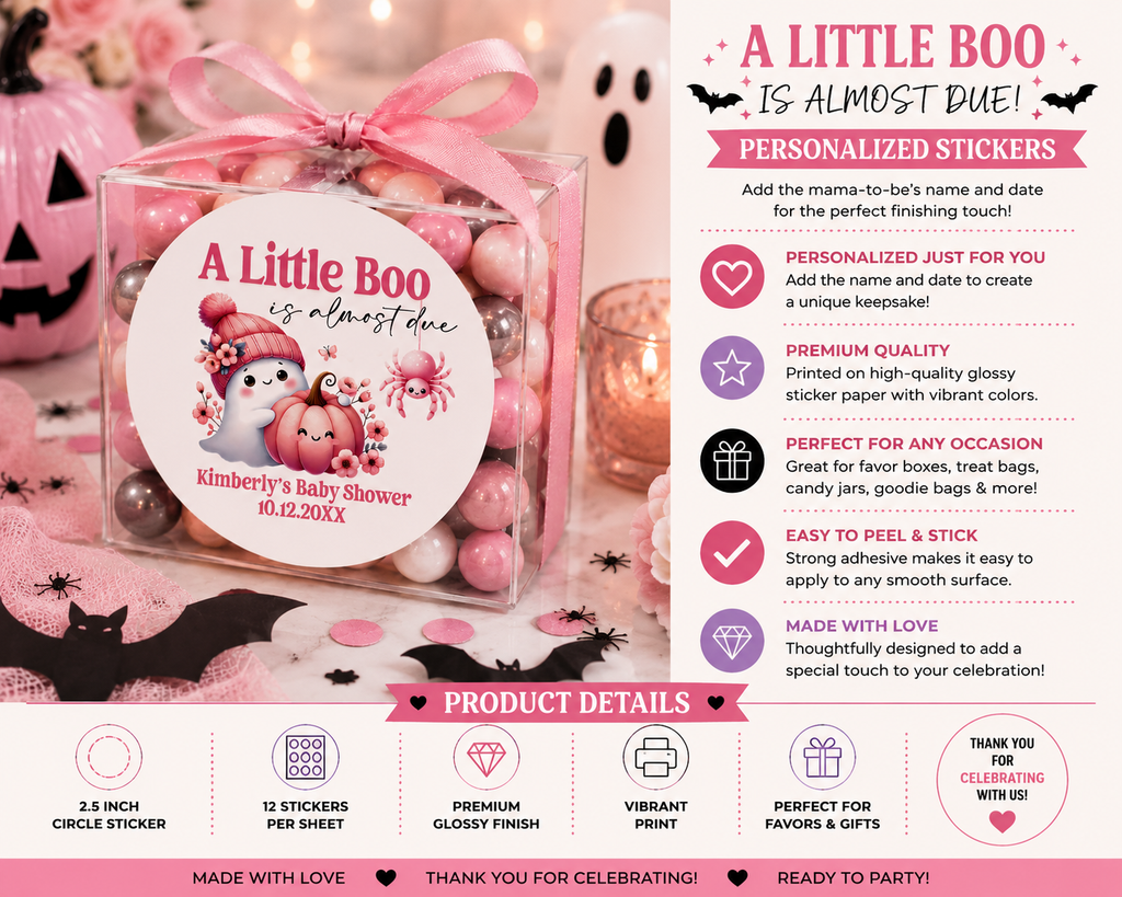 A Little Boo Is Almost Due Baby Shower Stickers | Personalized Halloween Favor Labels