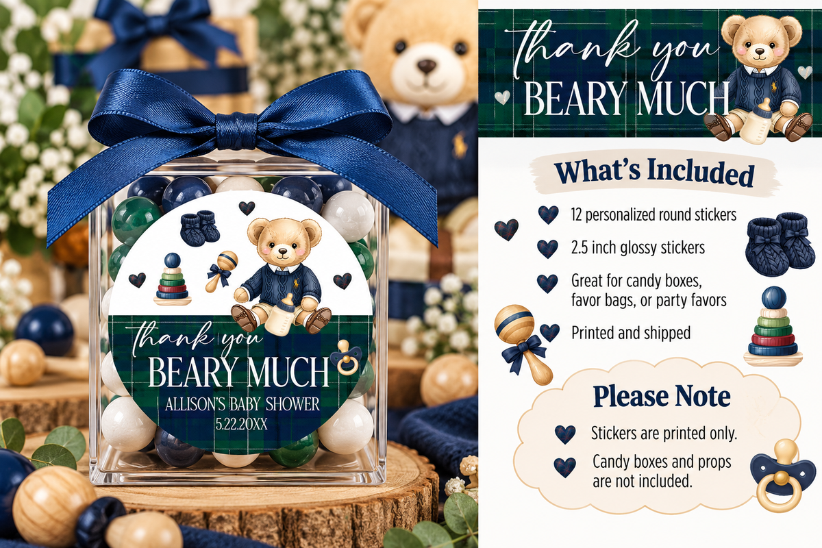 Elegant Teddy Bear Baby Shower Stickers | Personalized Party Favor Seals