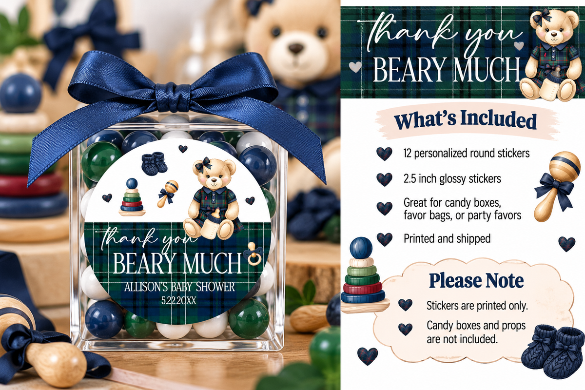Elegant Teddy Bear Baby Shower Stickers | Personalized Party Favor Seals