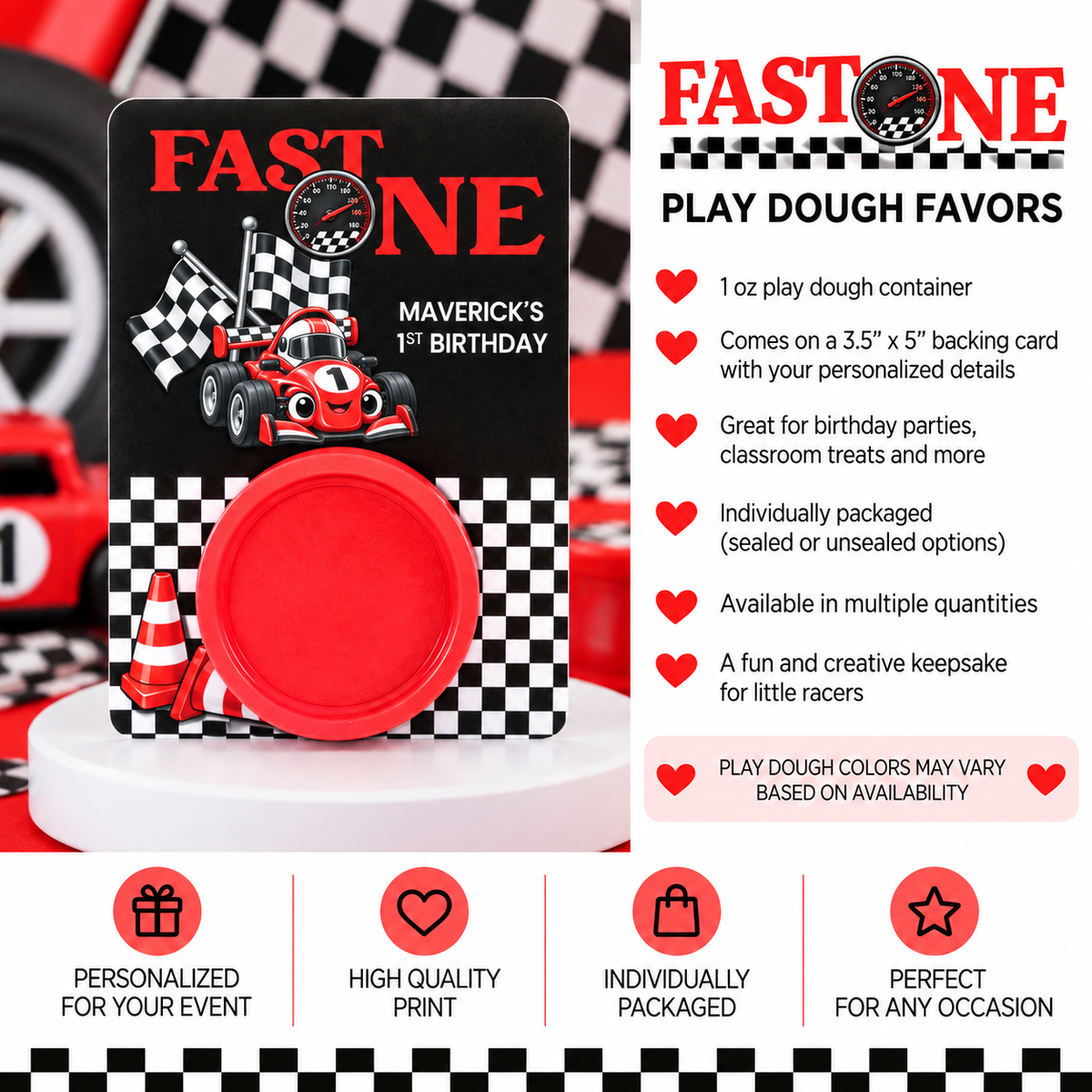 Fast One Race Car Play Dough | Personalized 1st Birthday Party Favors