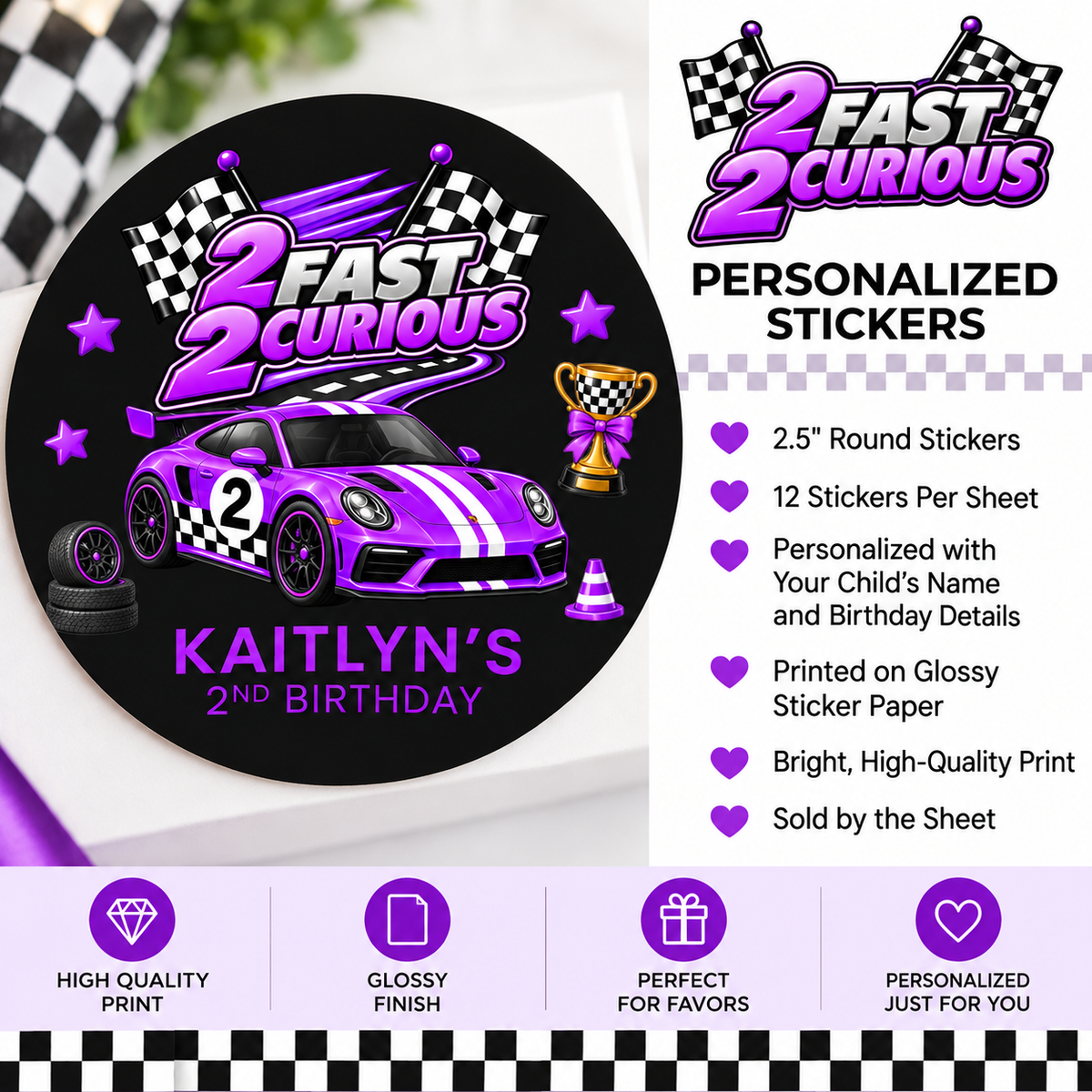 2 Fast 2 Curious Race Car Stickers | Personalized 2nd Birthday Labels