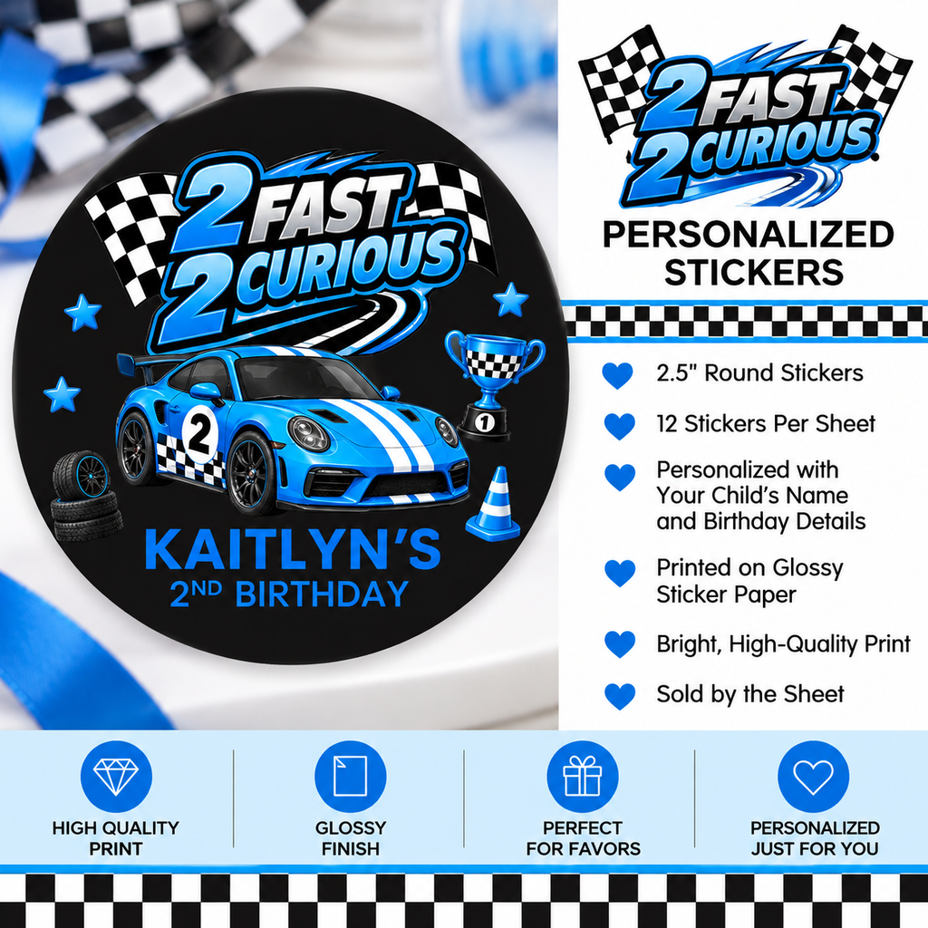 2 Fast 2 Curious Race Car Stickers | Personalized 2nd Birthday Labels