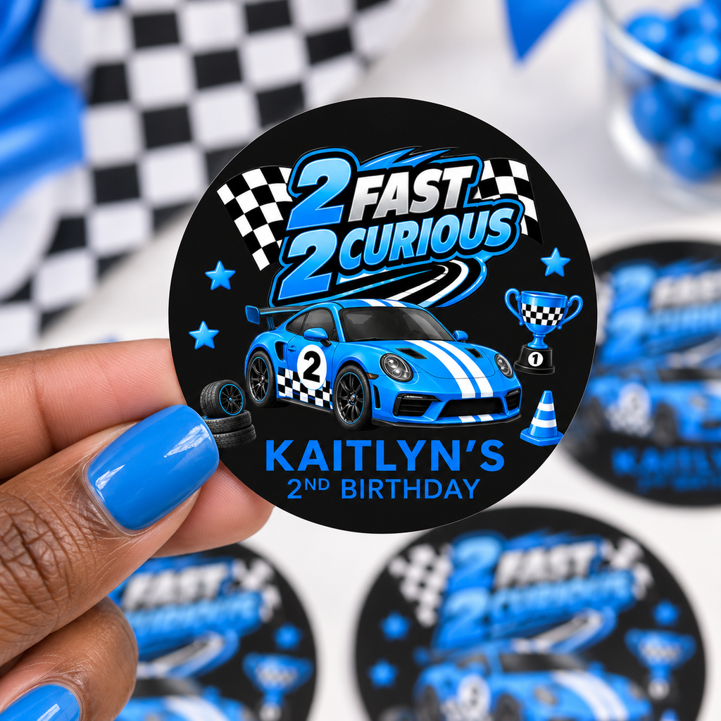 2 Fast 2 Curious Race Car Stickers | Personalized 2nd Birthday Labels