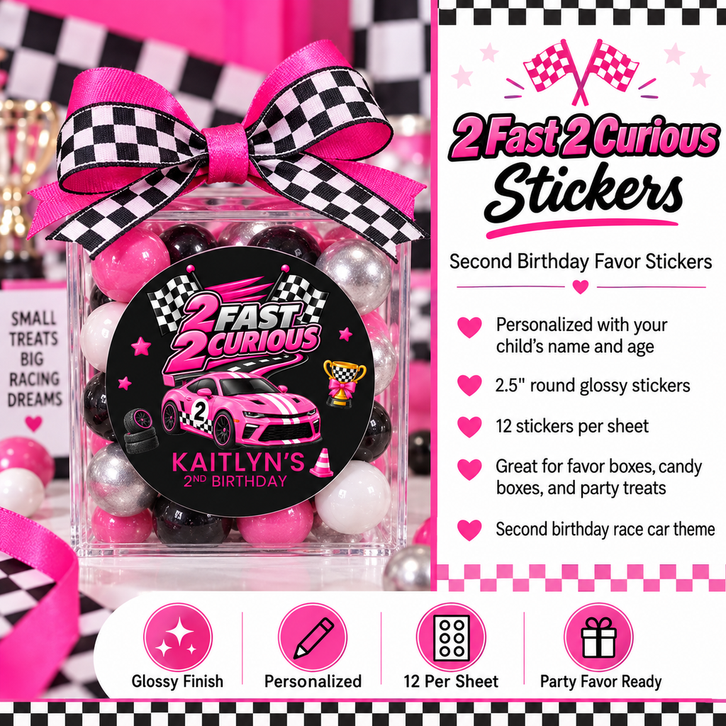 2 Fast 2 Curious Race Car Stickers | Personalized 2nd Birthday Labels