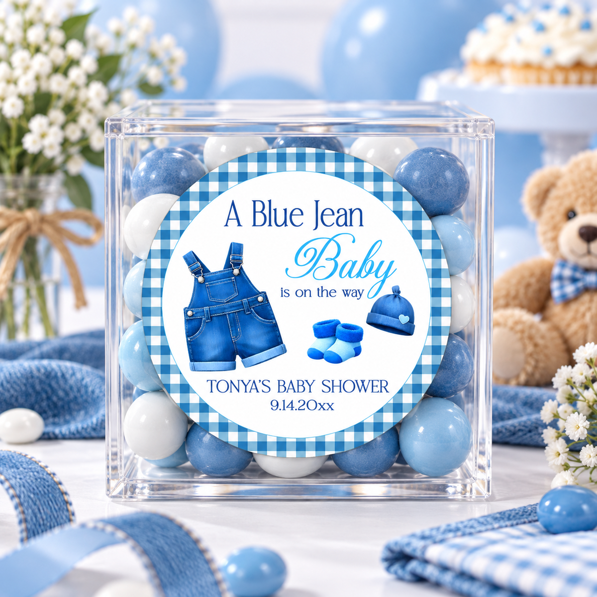 A Blue Jean Baby Is On The Way Stickers | Personalized Denim Baby Shower Favor Labels