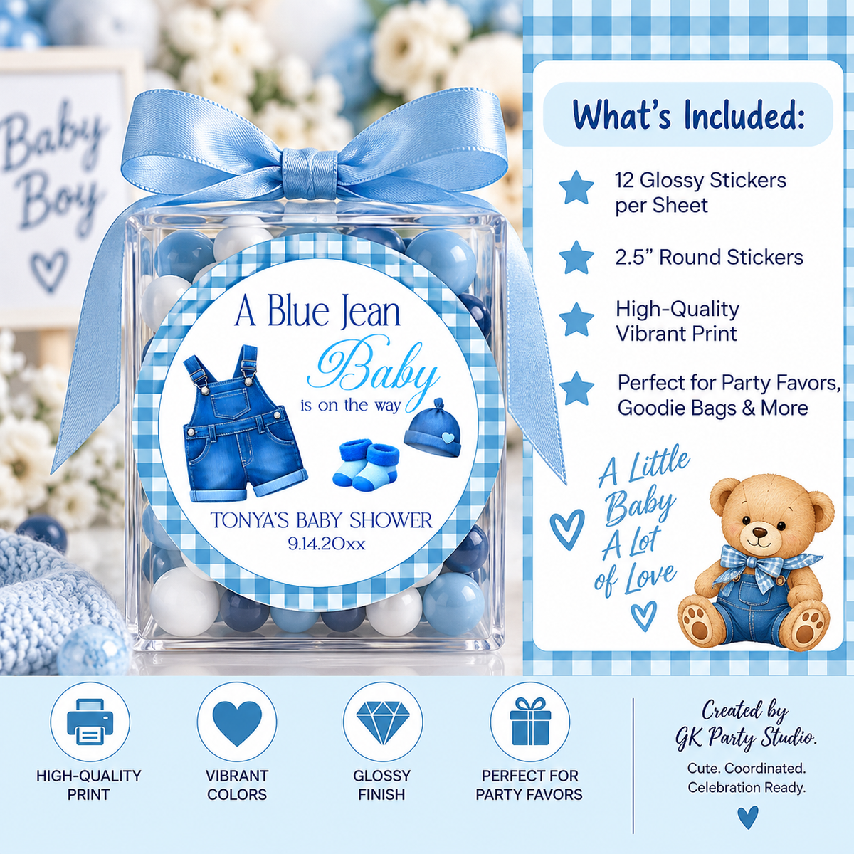 A Blue Jean Baby Is On The Way Stickers | Personalized Denim Baby Shower Favor Labels