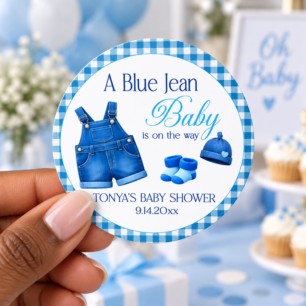 A Blue Jean Baby Is On The Way Stickers | Personalized Denim Baby Shower Favor Labels