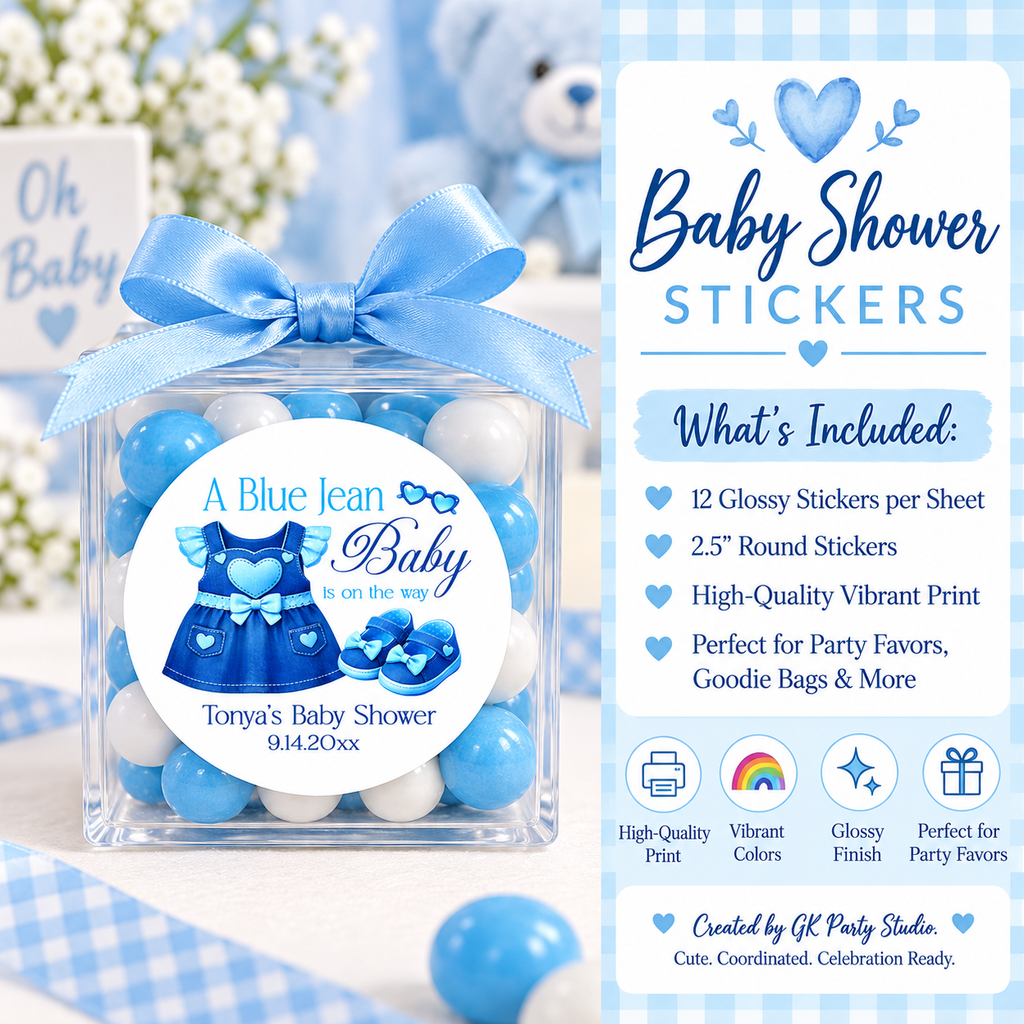 A Blue Jean Baby Is On The Way Stickers | Personalized Denim Baby Shower Favor Labels