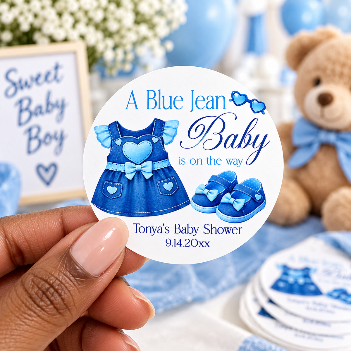 A Blue Jean Baby Is On The Way Stickers | Personalized Denim Baby Shower Favor Labels