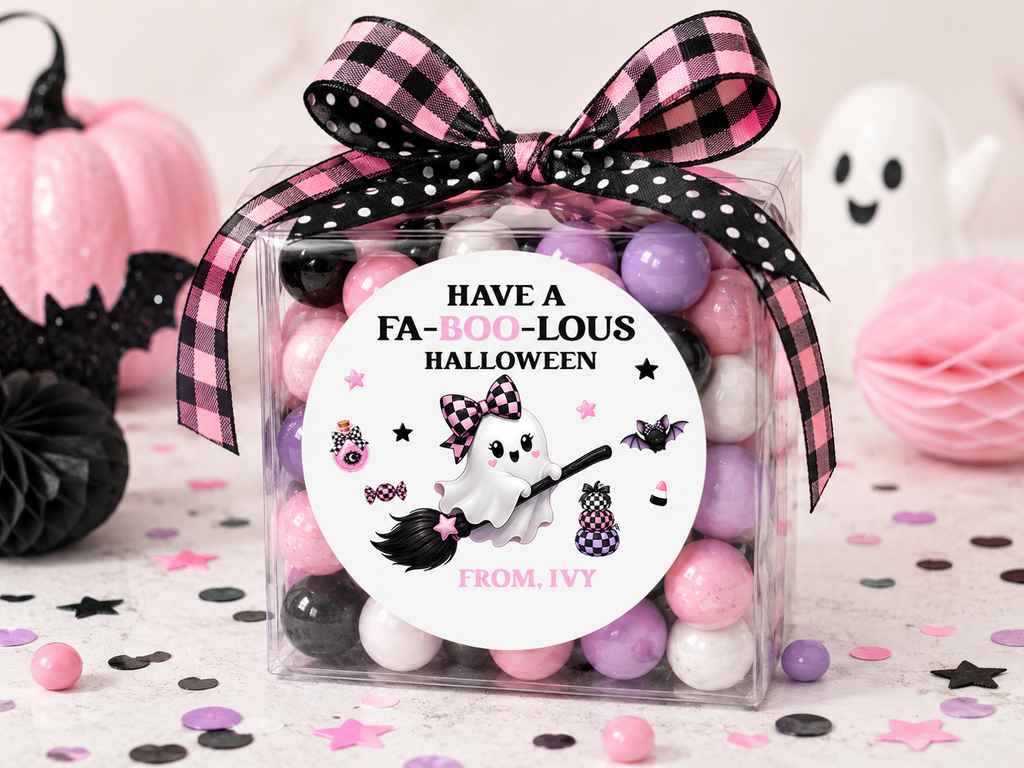 Faboolous Halloween Stickers | Personalized Pink Ghost Party Favor | Labels Kids Treat Bags