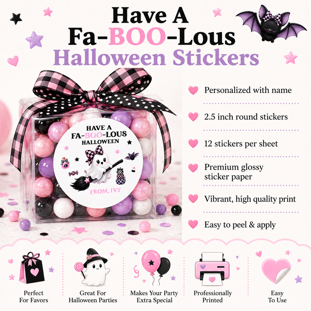 Faboolous Halloween Stickers | Personalized Pink Ghost Party Favor | Labels Kids Treat Bags