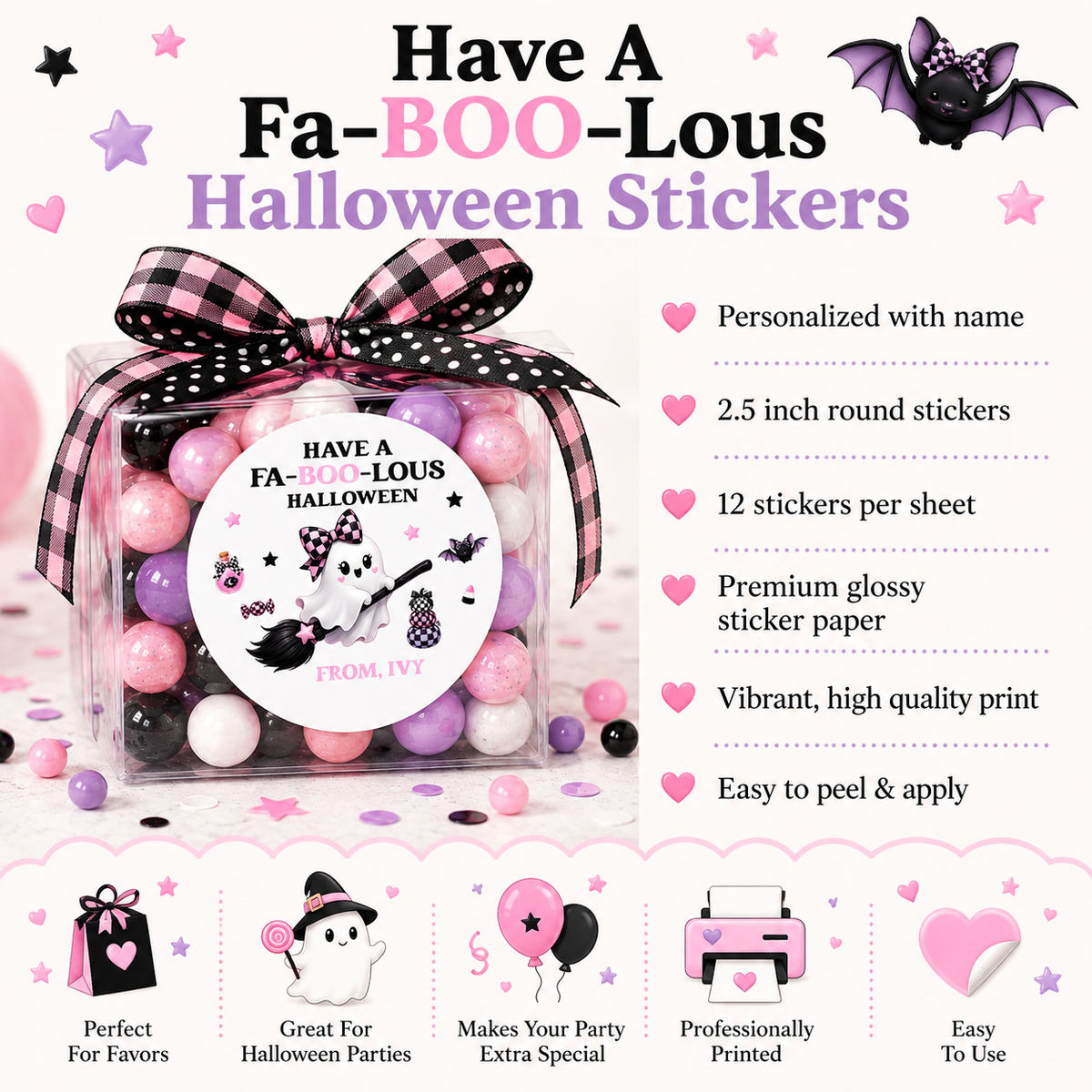 Faboolous Halloween Stickers | Personalized Pink Ghost Party Favor | Labels Kids Treat Bags