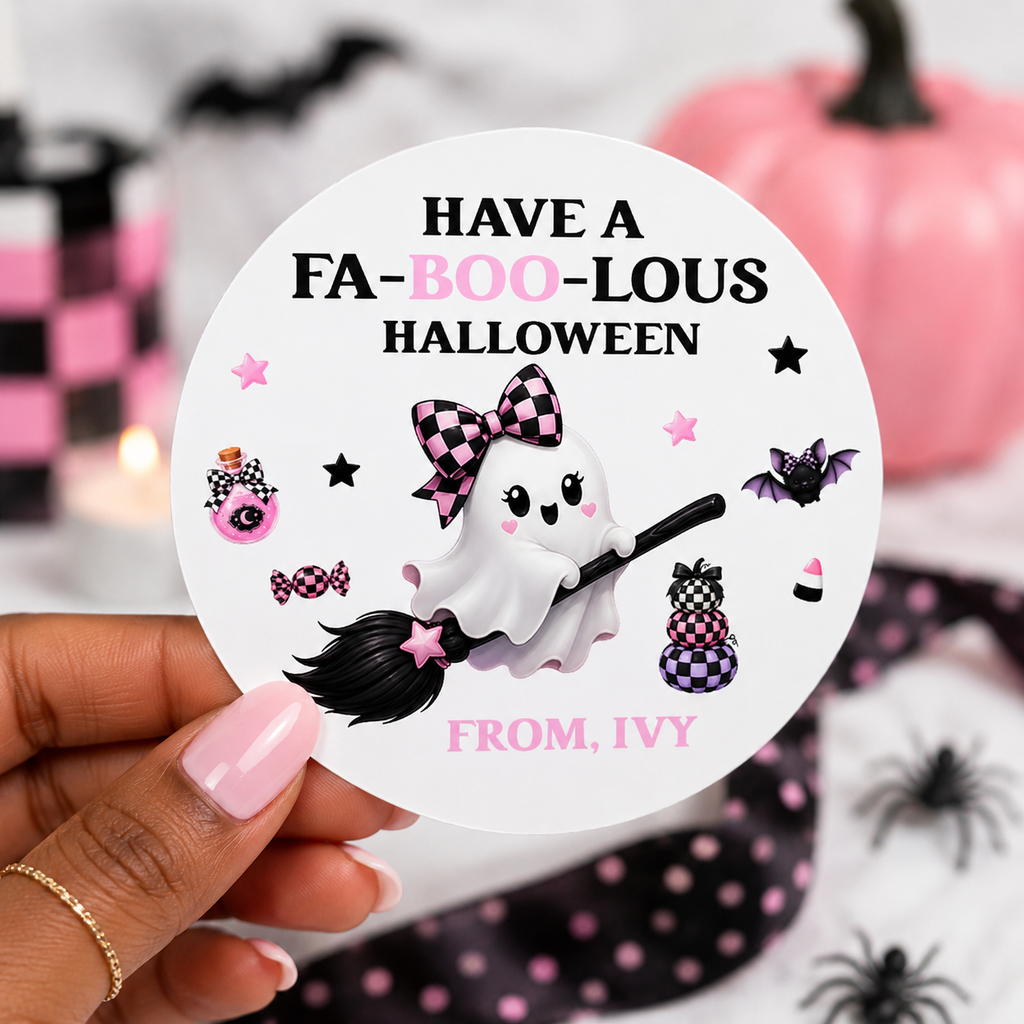 Faboolous Halloween Stickers | Personalized Pink Ghost Party Favor | Labels Kids Treat Bags