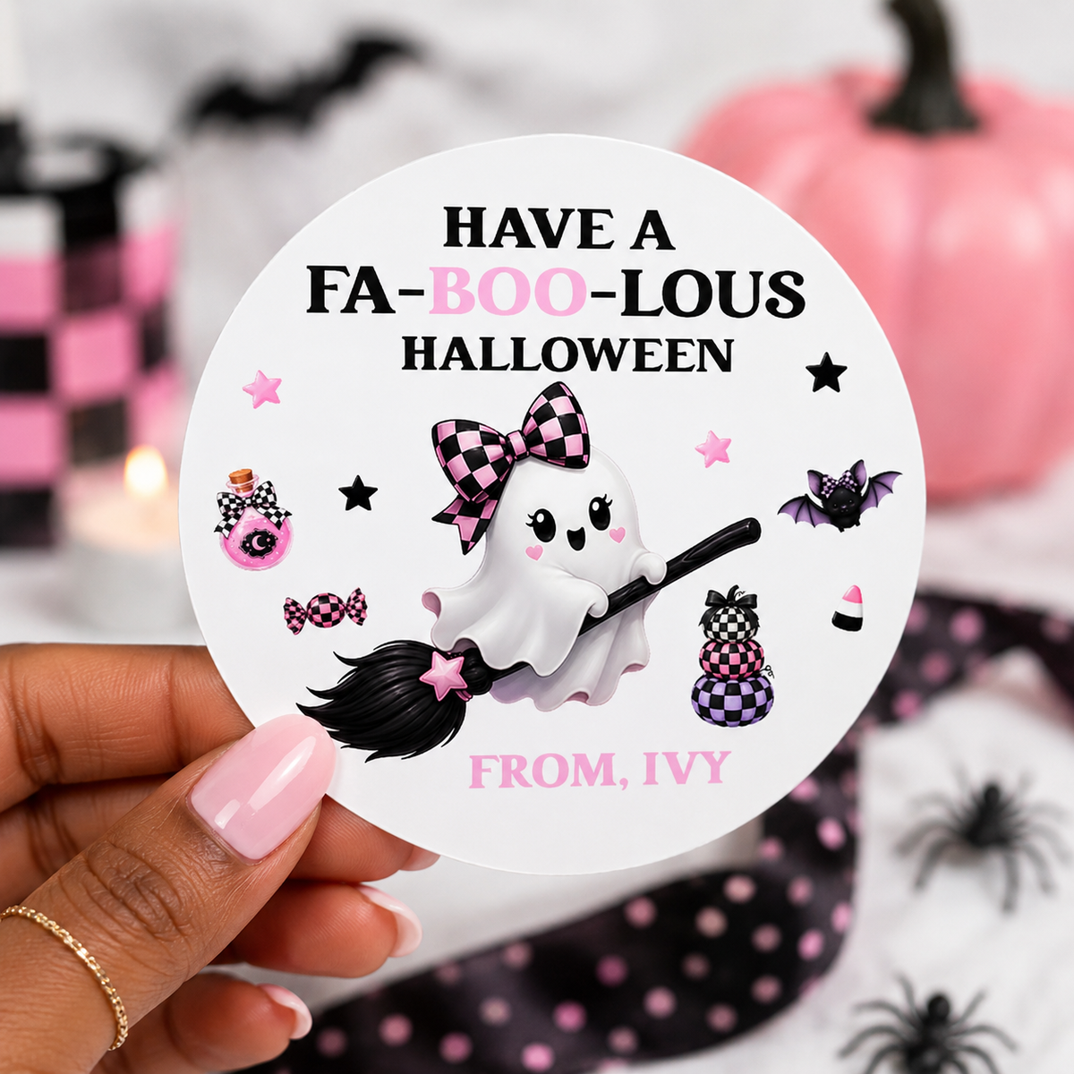 Faboolous Halloween Stickers | Personalized Pink Ghost Party Favor | Labels Kids Treat Bags